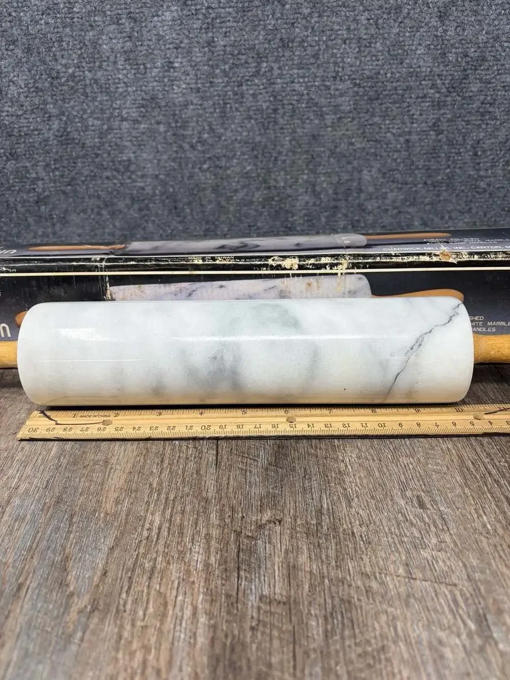 Vintage Chadwick-Miller white Marble Rolling Pin with Wooden Handles heavy 18”